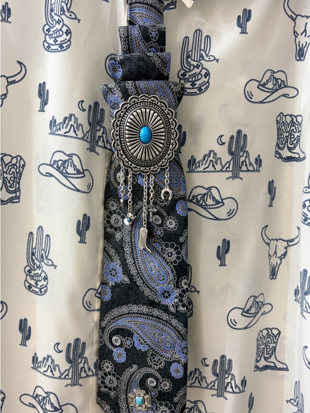 Blue Paisley Tie Necklace Accessory with Silver Concho Western Unique Upcycled - Picture 4 of 5